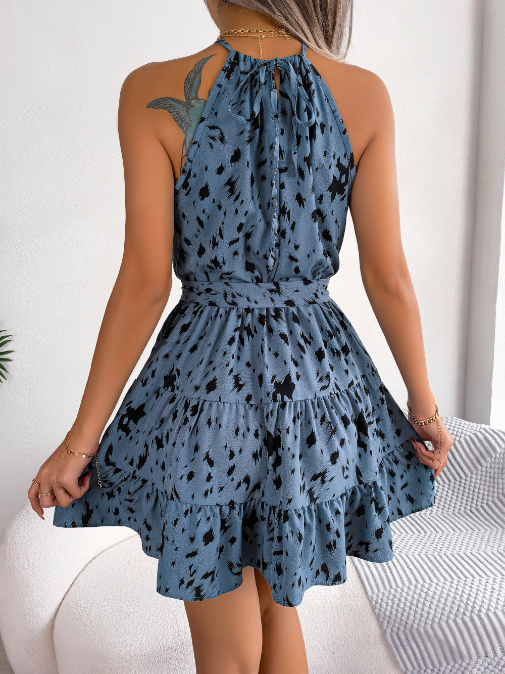 Leopardenmuster Rüschen Swingkleid Damen Sommer Strandkleid
