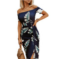 Blumenkleid Schulter frei Midi Sommerkleid Damen