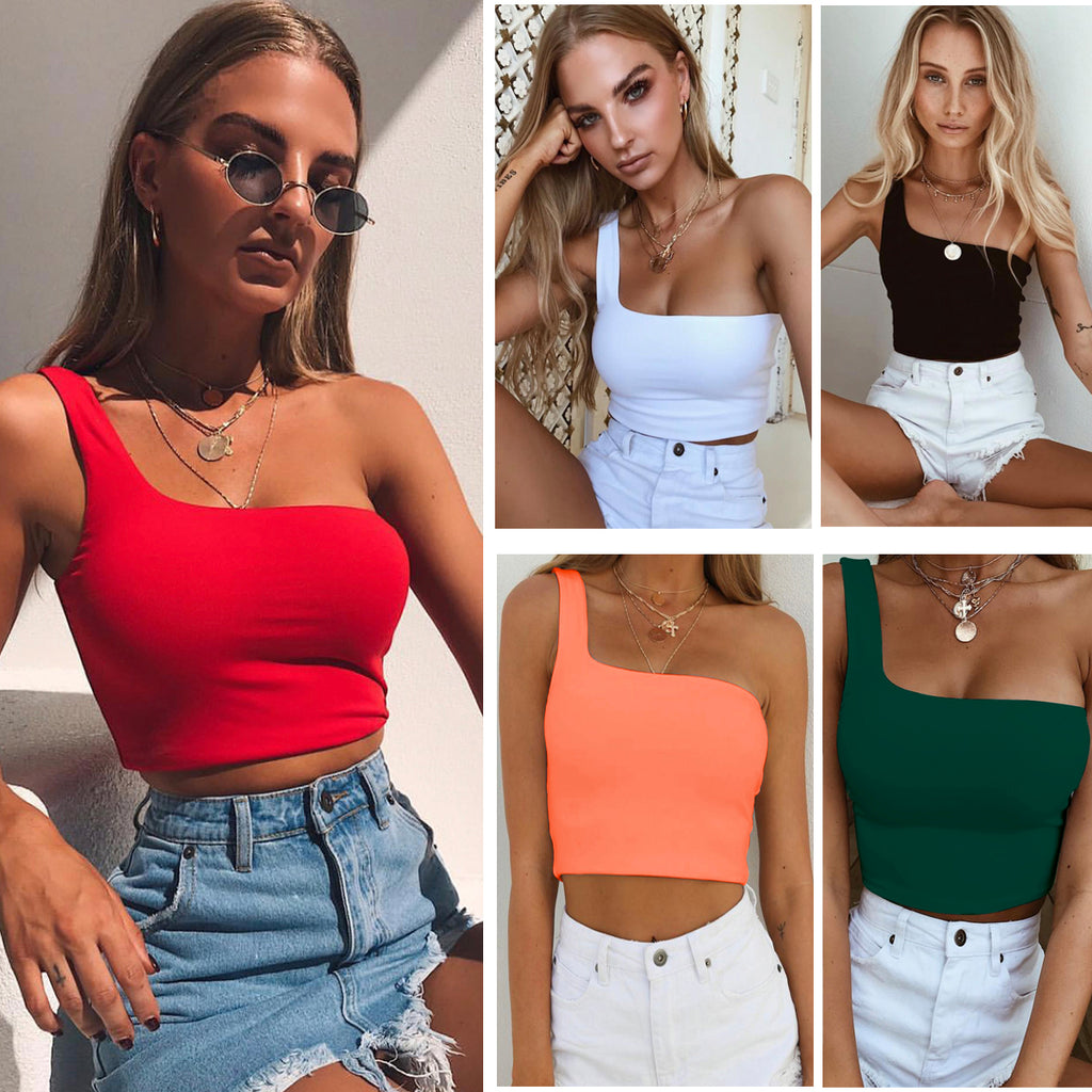 Ein-Schulter Crop Top Ärmellos Tank Top Damen Sommer